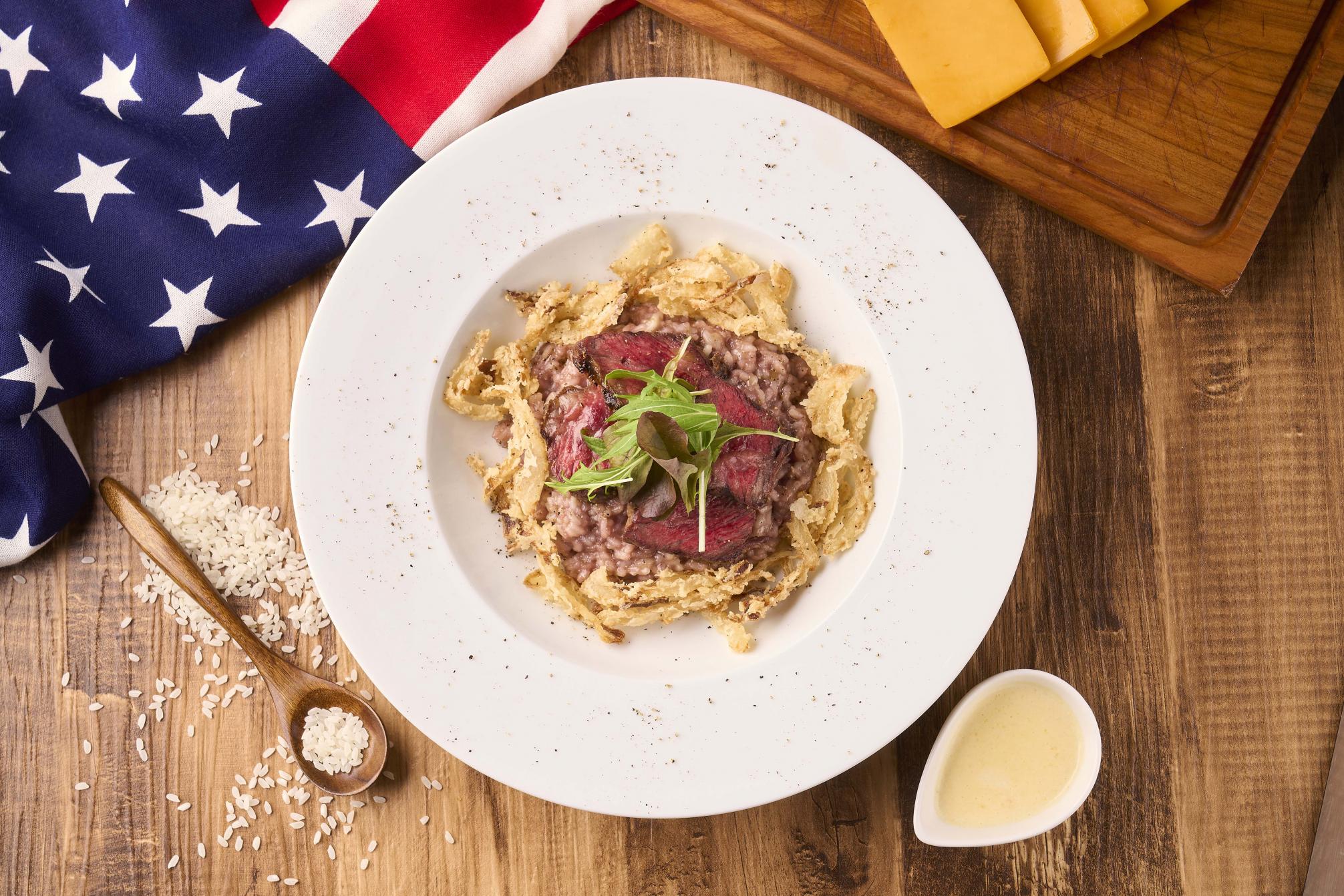 uJtHjAEsUELb`vgTASTE OF AMERICAhQj[uGrilled Beef & Red Wine Risotto with Cheese Saucev