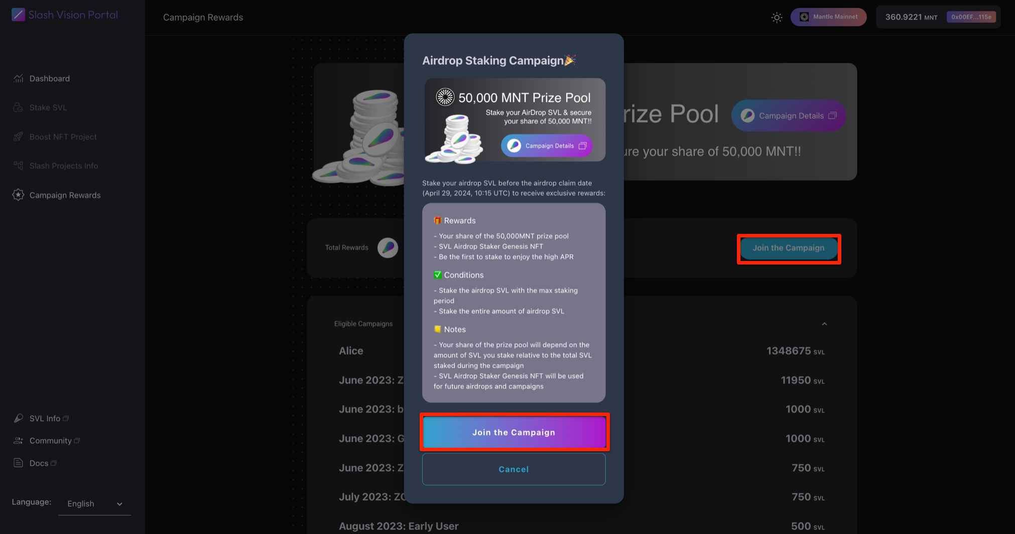 Slash Vision Portal Ver 0.75̃[XLOāA50,000MNT Prize PoolLy[JÁISVLXe[LOMNT&Genesis NFTQbg