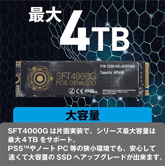 CFD̔Aő4TB PCIe Gen4x4ڑ V[PV[hő4,400MB/sM.2 NVMe SSDwSFT4000GV[Yx